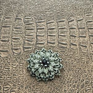 Black Rhinestone Marcasite Style Silver Tone Flower Brooch Pin